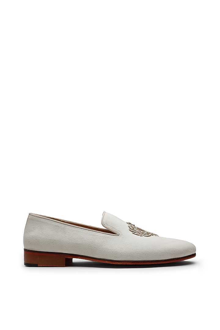 Ivory Suede Hand Embroidered Slip-On Shoes by SHUTIQ at Pernia's Pop Up Shop