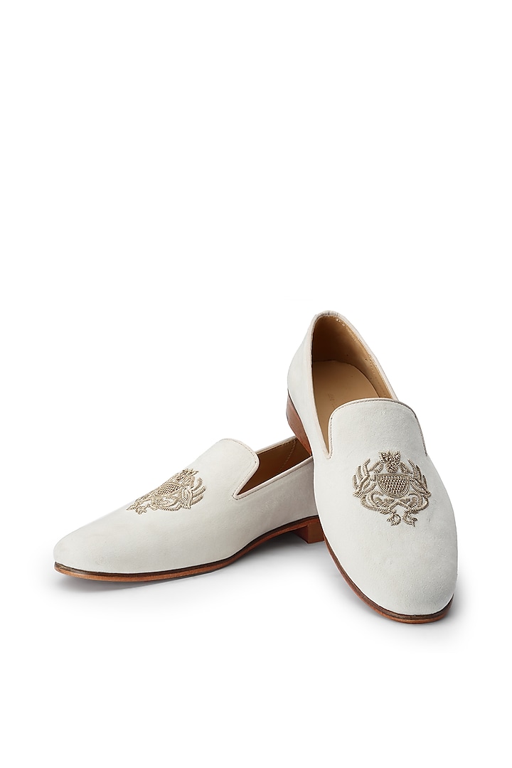Ivory Suede Hand Embroidered Slip-On Shoes by SHUTIQ