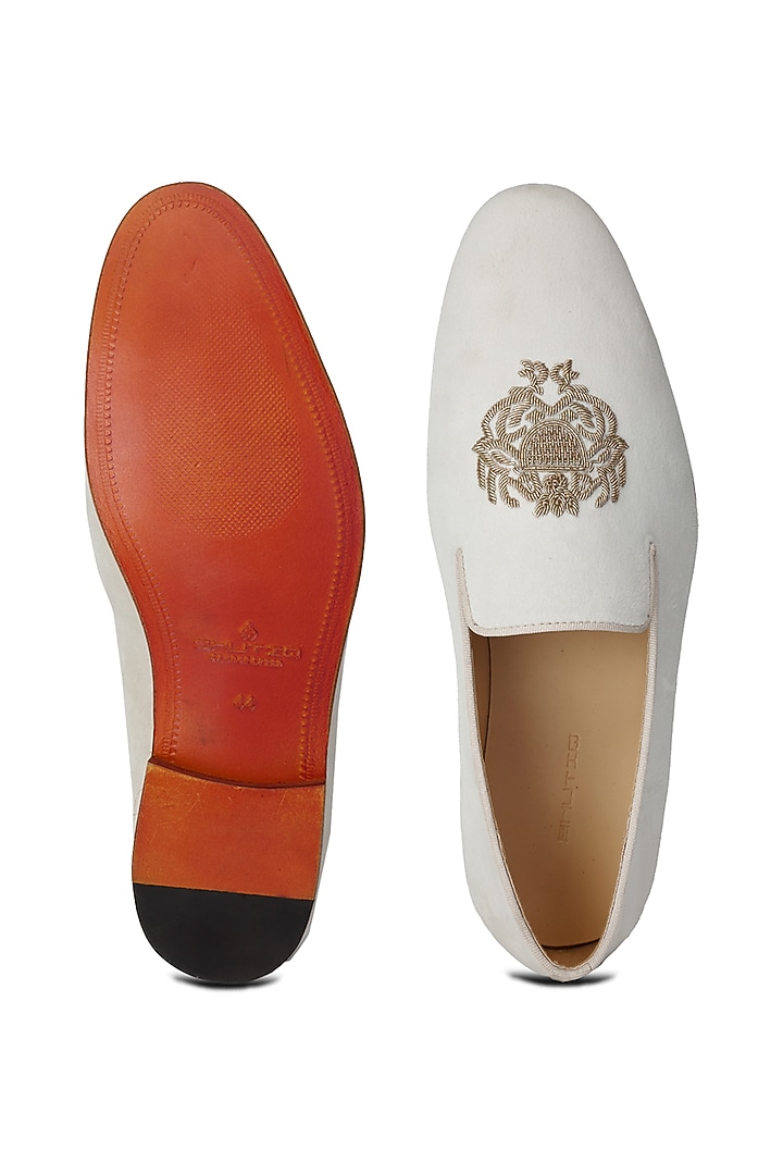 Ivory Suede Hand Embroidered Slip-On Shoes by SHUTIQ at Pernia's Pop Up Shop