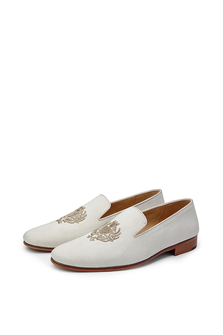 Ivory Suede Hand Embroidered Slip-On Shoes by SHUTIQ at Pernia's Pop Up Shop