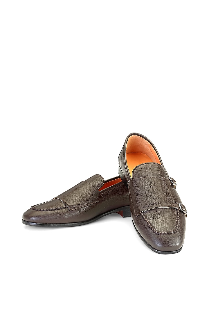 Brown Leather Monk Strap Shoes by SHUTIQ