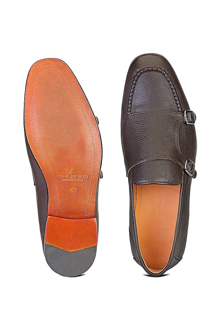 Brown Leather Monk Strap Shoes by SHUTIQ at Pernia's Pop Up Shop