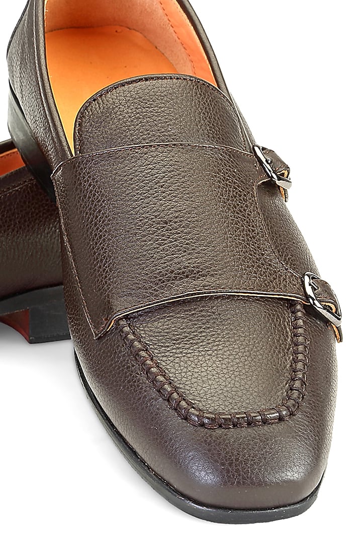 Brown Leather Monk Strap Shoes by SHUTIQ at Pernia's Pop Up Shop