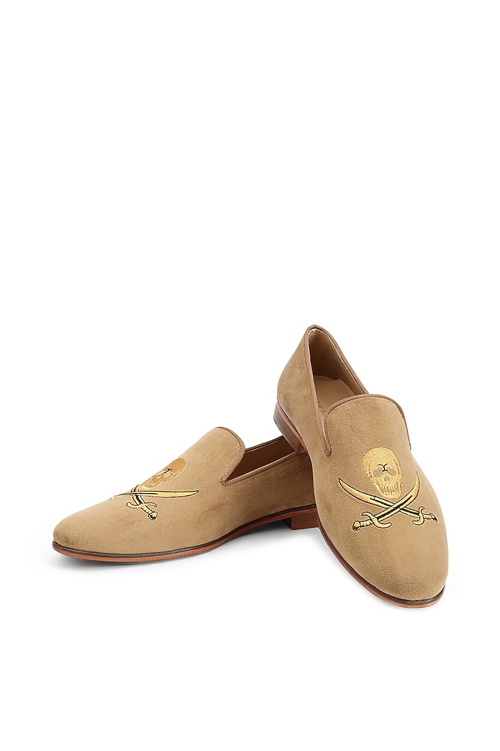 Beige Velvet Hand Embroidered Slip-On Shoes by SHUTIQ at Pernia's Pop Up Shop