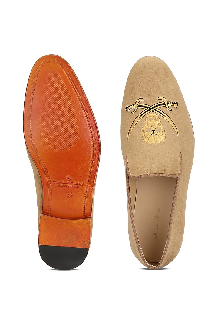 Beige Velvet Hand Embroidered Slip-On Shoes by SHUTIQ at Pernia's Pop Up Shop