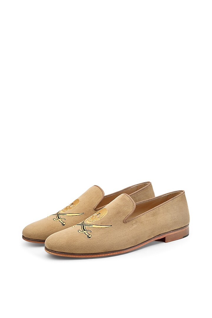 Beige Velvet Hand Embroidered Slip-On Shoes by SHUTIQ at Pernia's Pop Up Shop
