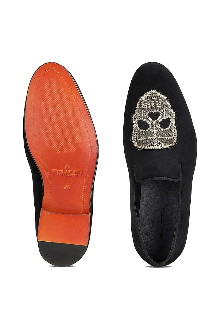 Black Velvet Hand Embroidered Slip-On Shoes by SHUTIQ at Pernia's Pop Up Shop