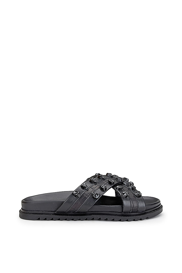 Black Leather Embellished Slippers by SHUTIQ at Pernia's Pop Up Shop