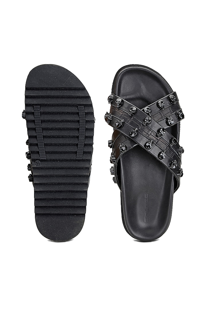 Black Leather Embellished Slippers by SHUTIQ at Pernia's Pop Up Shop
