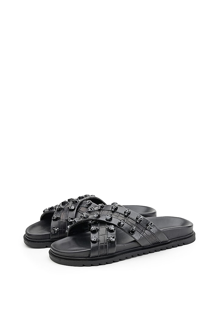 Black Leather Embellished Slippers by SHUTIQ at Pernia's Pop Up Shop
