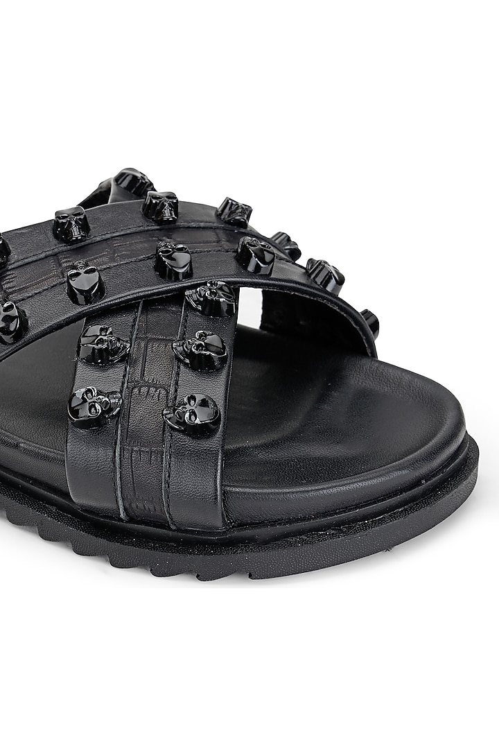 Black Leather Embellished Slippers by SHUTIQ at Pernia's Pop Up Shop
