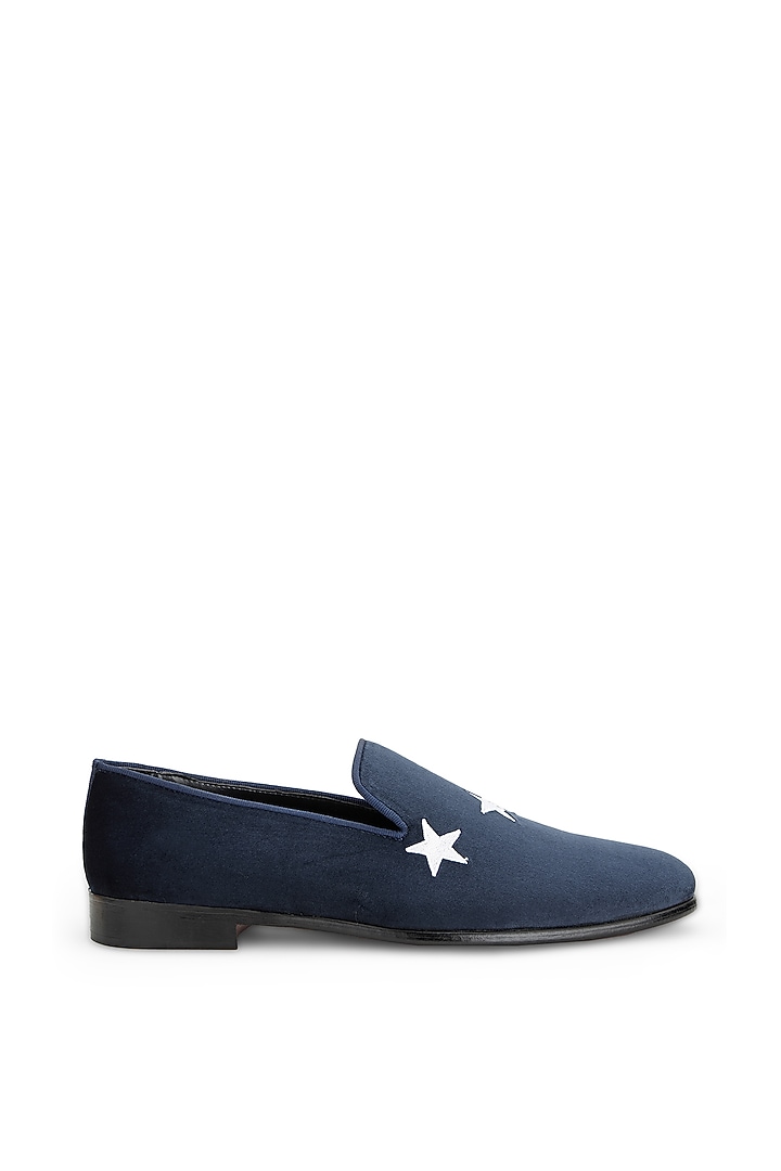 Blue Velvet Embroidered Slip-On Shoes by SHUTIQ at Pernia's Pop Up Shop