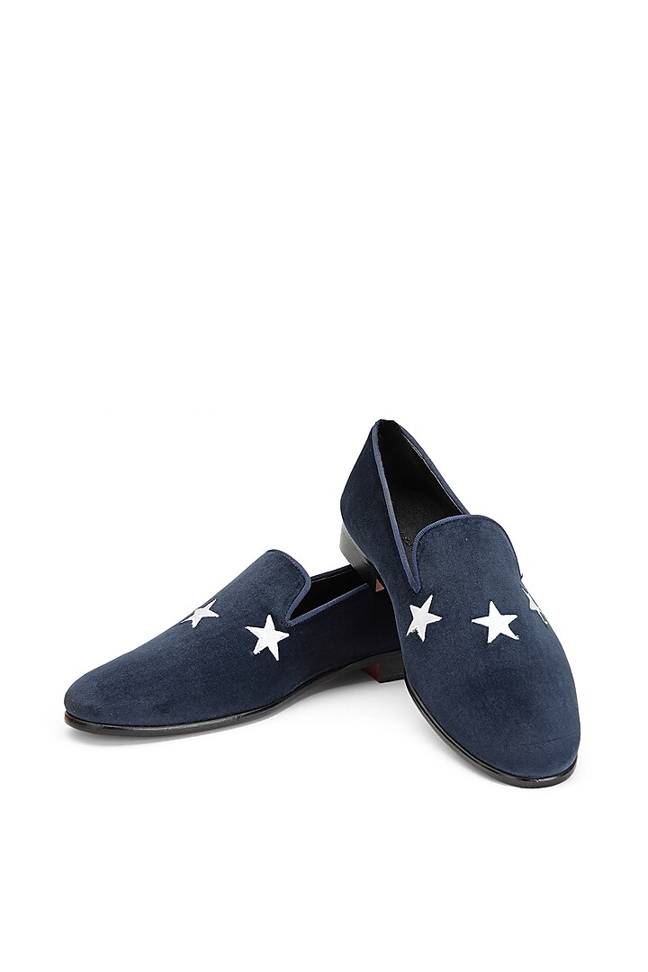 Blue Velvet Embroidered Slip-On Shoes by SHUTIQ at Pernia's Pop Up Shop