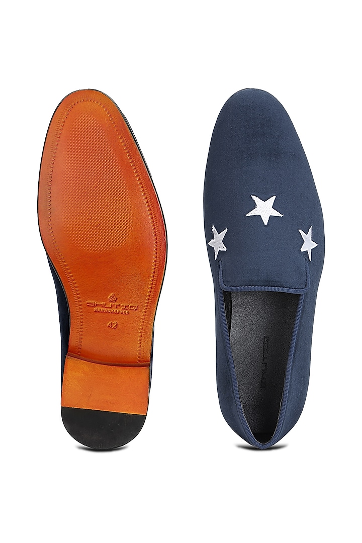 Blue Velvet Embroidered Slip-On Shoes by SHUTIQ at Pernia's Pop Up Shop
