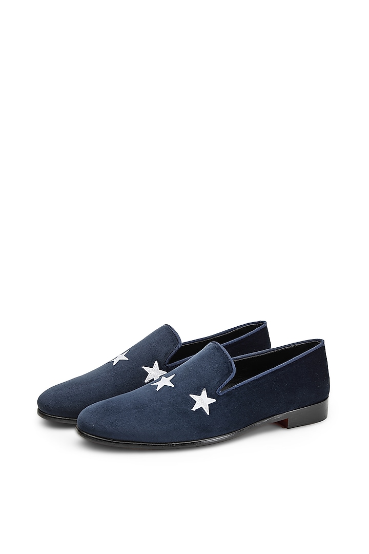 Blue Velvet Embroidered Slip-On Shoes by SHUTIQ at Pernia's Pop Up Shop