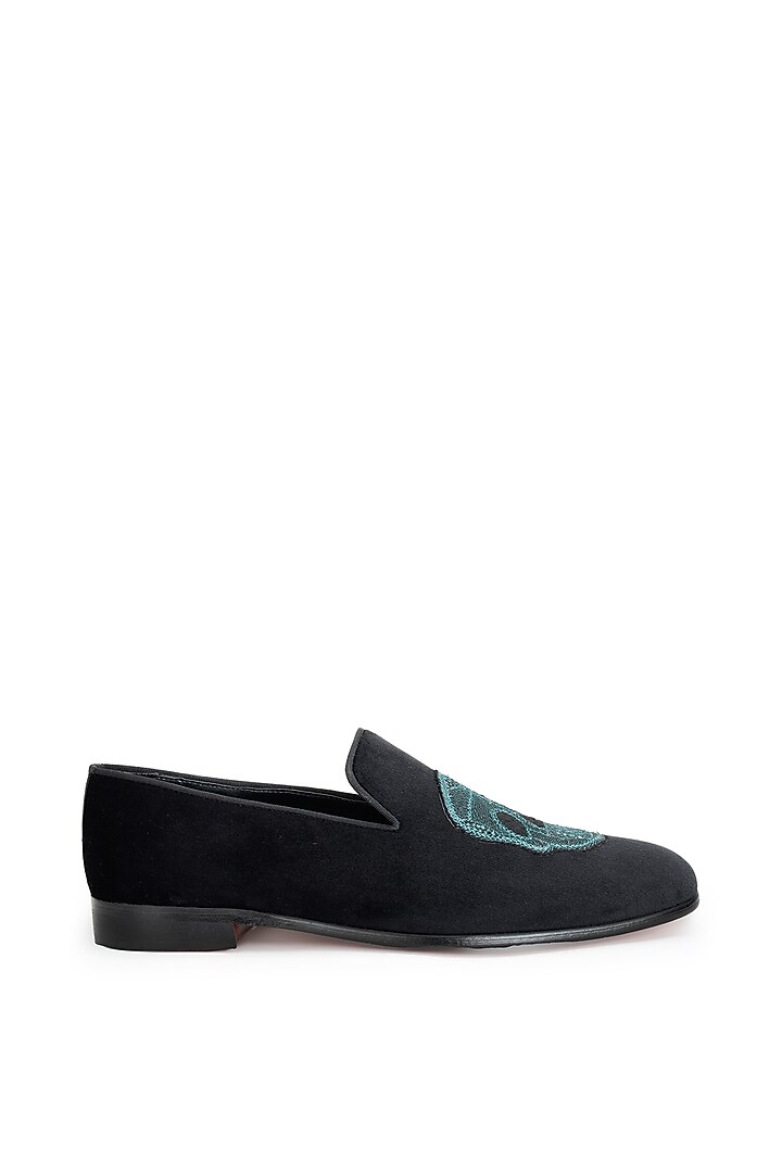 Black Velvet Hand Embroidered Slip-On Shoes by SHUTIQ at Pernia's Pop Up Shop