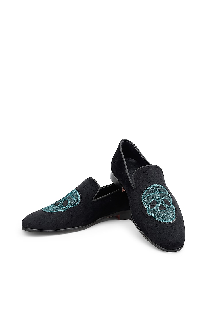Black Velvet Hand Embroidered Slip-On Shoes by SHUTIQ at Pernia's Pop Up Shop