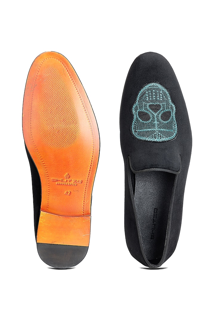 Black Velvet Hand Embroidered Slip-On Shoes by SHUTIQ at Pernia's Pop Up Shop