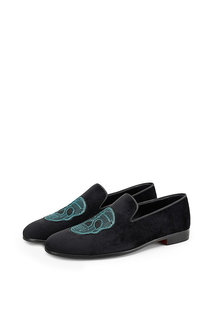 Black Velvet Hand Embroidered Slip-On Shoes by SHUTIQ at Pernia's Pop Up Shop