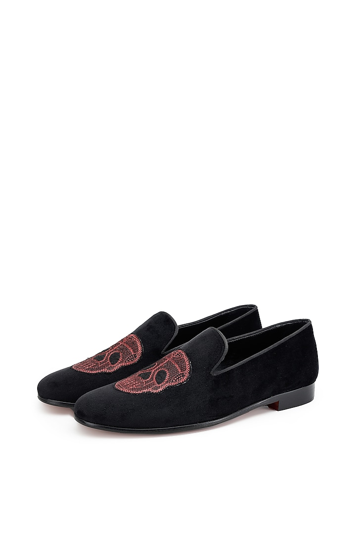 Black Velvet Hand Embroidered Slip-On Shoes by SHUTIQ at Pernia's Pop Up Shop