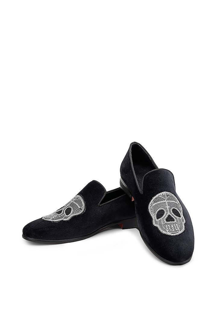 Black Velvet Hand Embroidered Slip-On Shoes by SHUTIQ at Pernia's Pop Up Shop