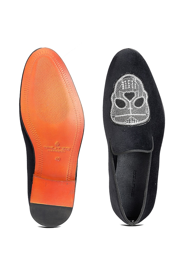 Black Velvet Hand Embroidered Slip-On Shoes by SHUTIQ at Pernia's Pop Up Shop