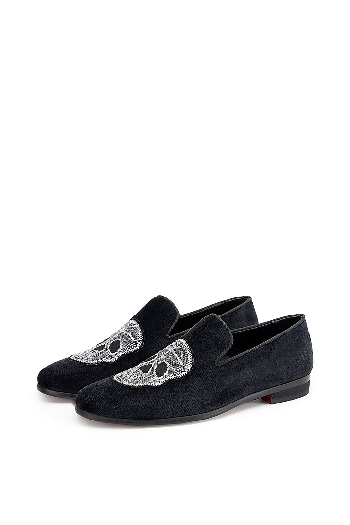 Black Velvet Hand Embroidered Slip-On Shoes by SHUTIQ at Pernia's Pop Up Shop