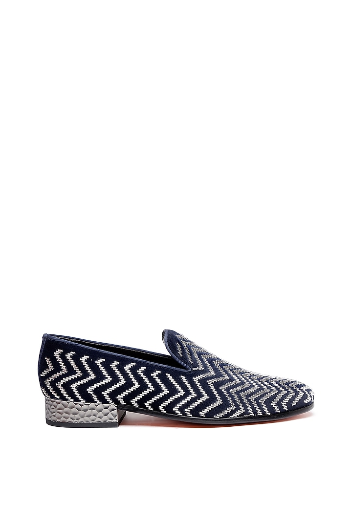 Blue Velvet Hand Embroidered Slip-On Shoes by SHUTIQ at Pernia's Pop Up Shop