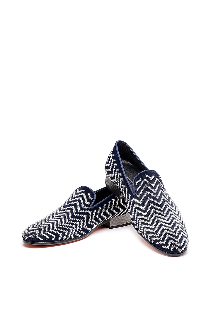 Blue Velvet Hand Embroidered Slip-On Shoes by SHUTIQ at Pernia's Pop Up Shop