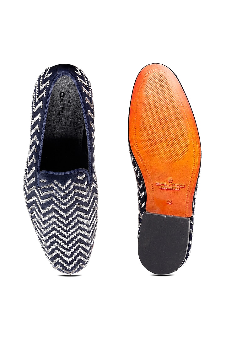 Blue Velvet Hand Embroidered Slip-On Shoes by SHUTIQ at Pernia's Pop Up Shop