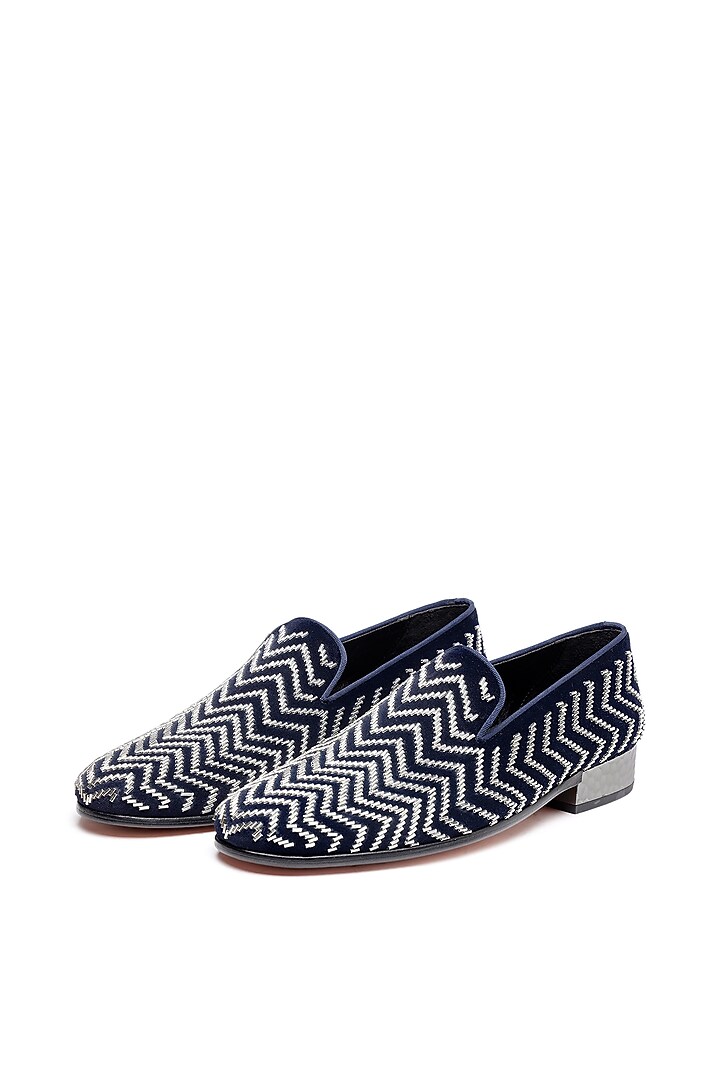 Blue Velvet Hand Embroidered Slip-On Shoes by SHUTIQ at Pernia's Pop Up Shop