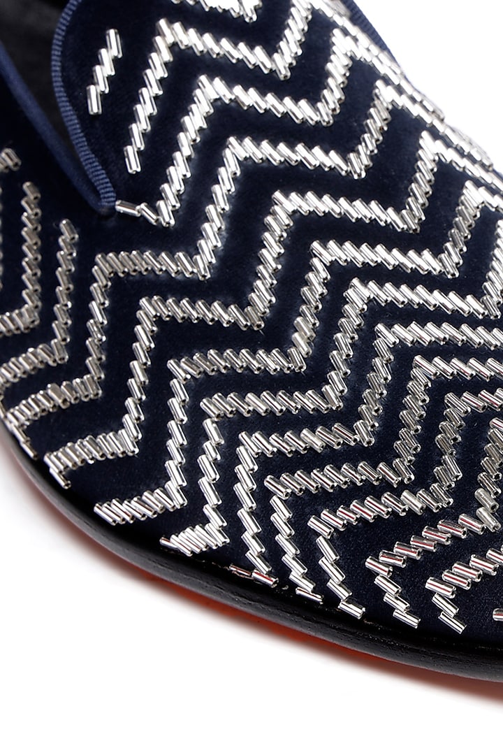 Blue Velvet Hand Embroidered Slip-On Shoes by SHUTIQ at Pernia's Pop Up Shop