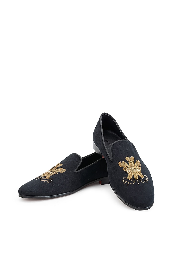 Black Velvet Embroidered Slip-On Shoes by SHUTIQ at Pernia's Pop Up Shop