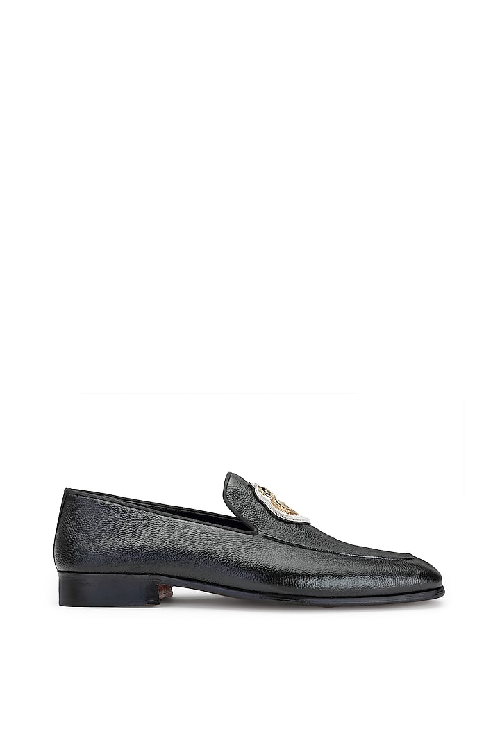 Black Leather Hand Embroidered Slip-On Shoes by SHUTIQ at Pernia's Pop Up Shop