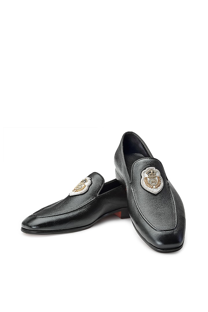 Black Leather Hand Embroidered Slip-On Shoes by SHUTIQ