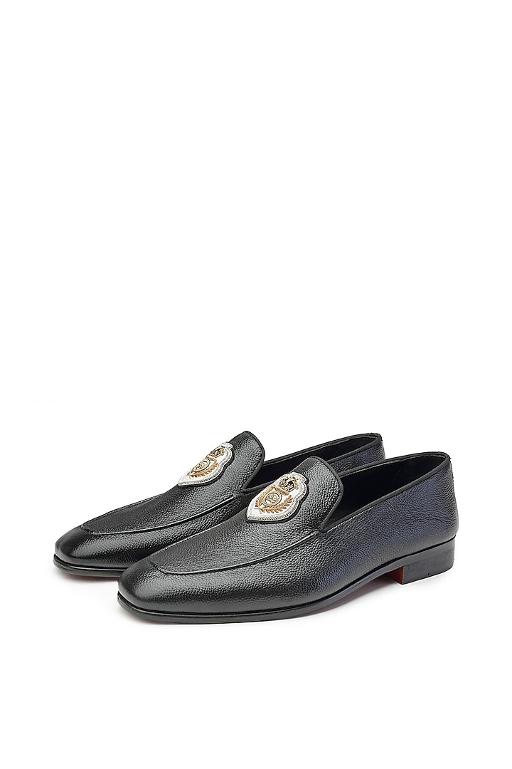 Black Leather Hand Embroidered Slip-On Shoes by SHUTIQ at Pernia's Pop Up Shop