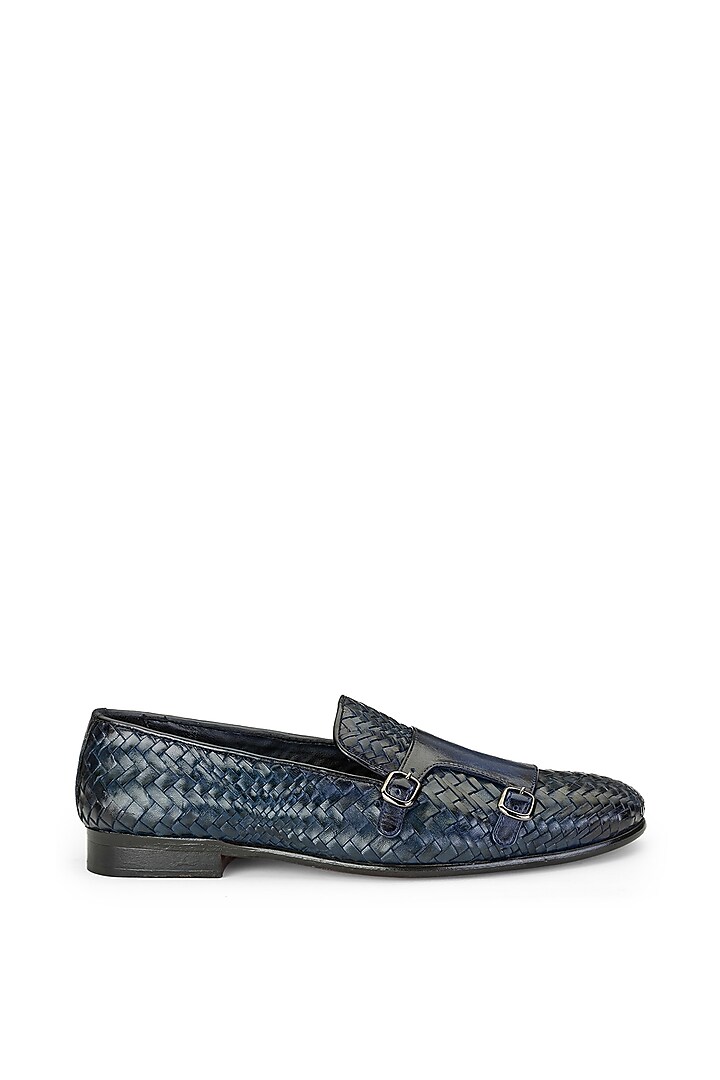 Blue Leather Monk Strap Shoes by SHUTIQ at Pernia's Pop Up Shop