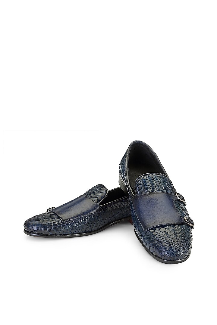Blue Leather Monk Strap Shoes by SHUTIQ
