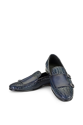 Blue Leather Monk Strap Shoes by SHUTIQ