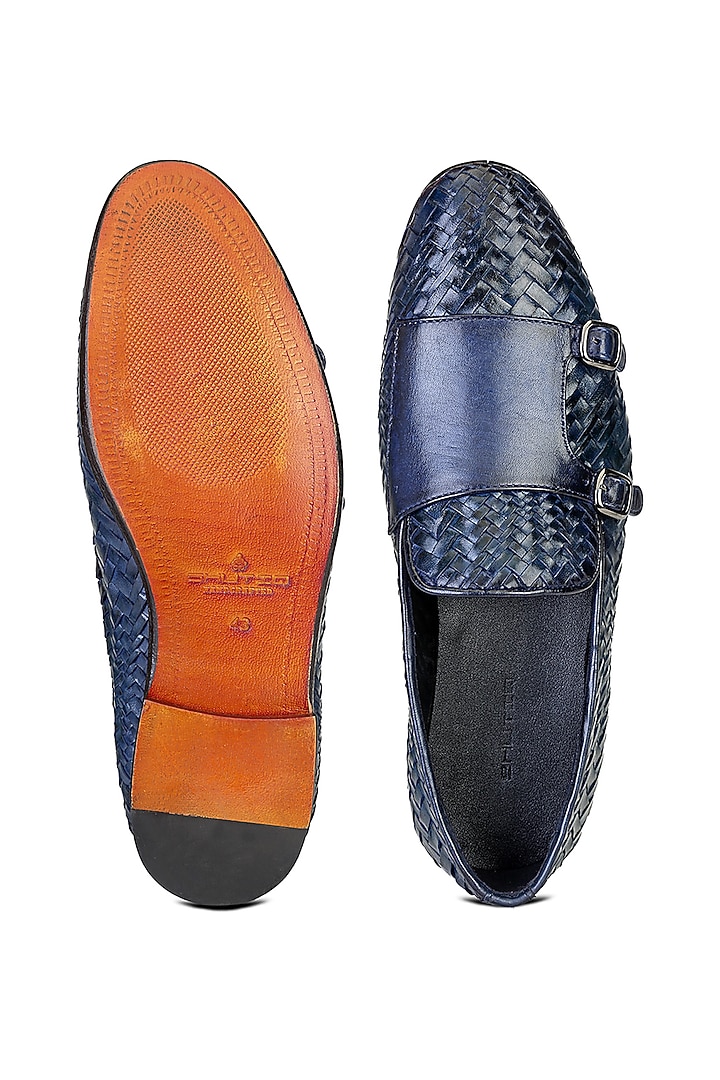Blue Leather Monk Strap Shoes by SHUTIQ at Pernia's Pop Up Shop