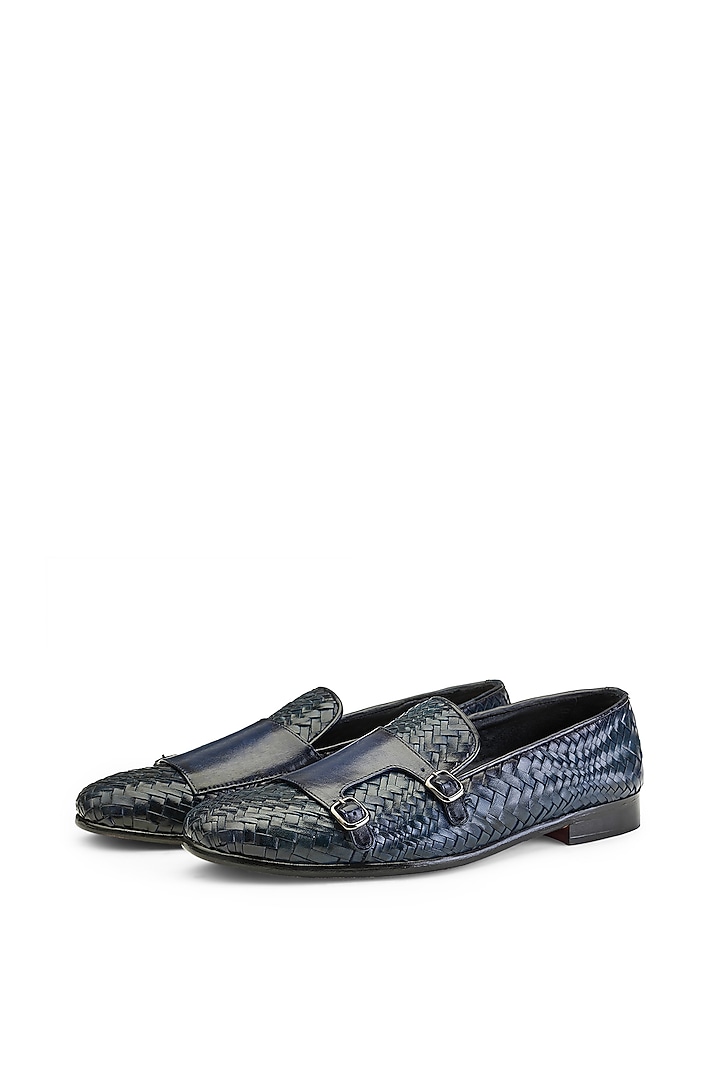 Blue Leather Monk Strap Shoes by SHUTIQ at Pernia's Pop Up Shop