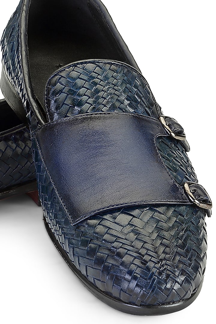 Blue Leather Monk Strap Shoes by SHUTIQ at Pernia's Pop Up Shop