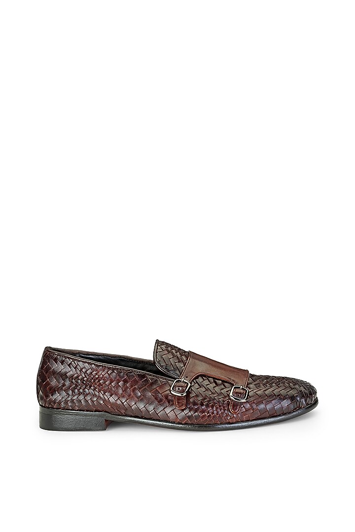 Brown Leather Monk Strap Shoes by SHUTIQ at Pernia's Pop Up Shop