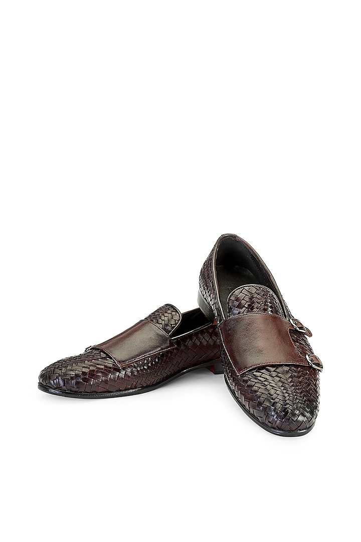 Brown Leather Monk Strap Shoes by SHUTIQ