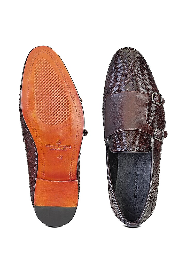 Brown Leather Monk Strap Shoes by SHUTIQ at Pernia's Pop Up Shop