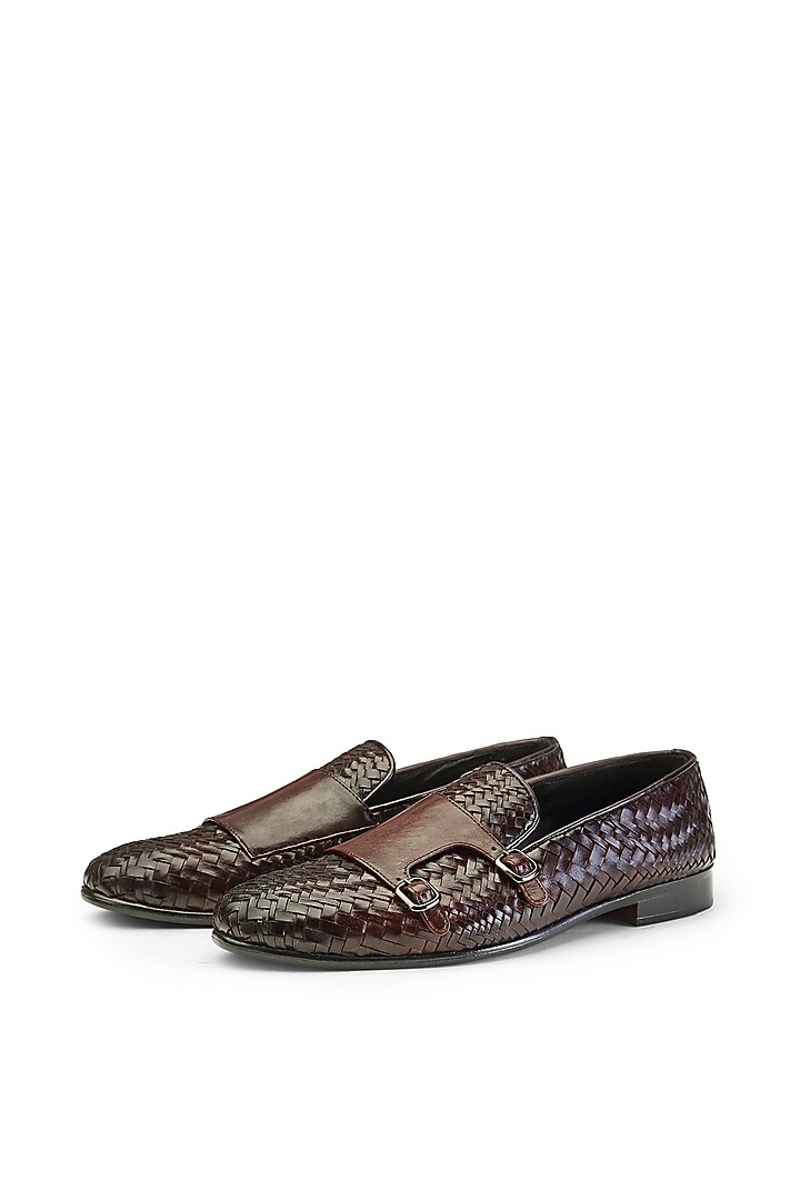 Brown Leather Monk Strap Shoes by SHUTIQ at Pernia's Pop Up Shop