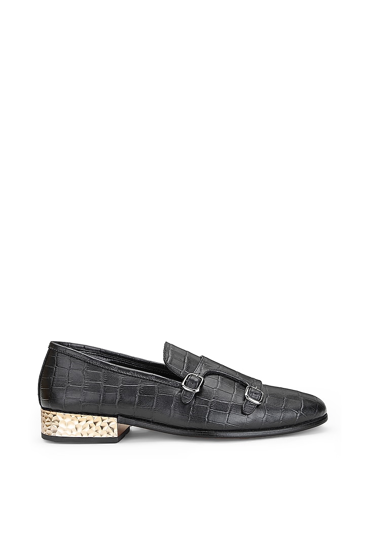 Black Croco Leather Monk Strap Shoes by SHUTIQ at Pernia's Pop Up Shop