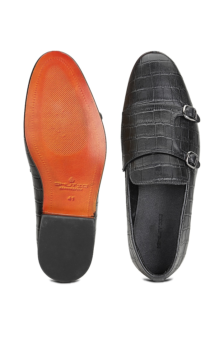 Black Croco Leather Monk Strap Shoes by SHUTIQ at Pernia's Pop Up Shop