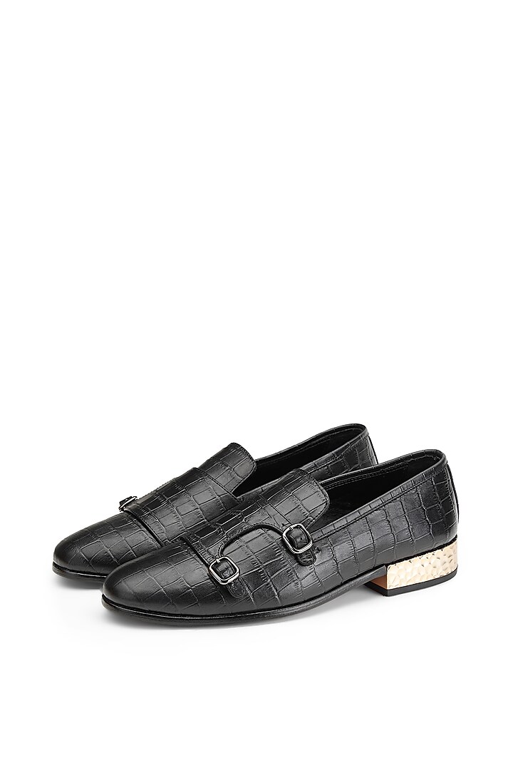 Black Croco Leather Monk Strap Shoes by SHUTIQ at Pernia's Pop Up Shop