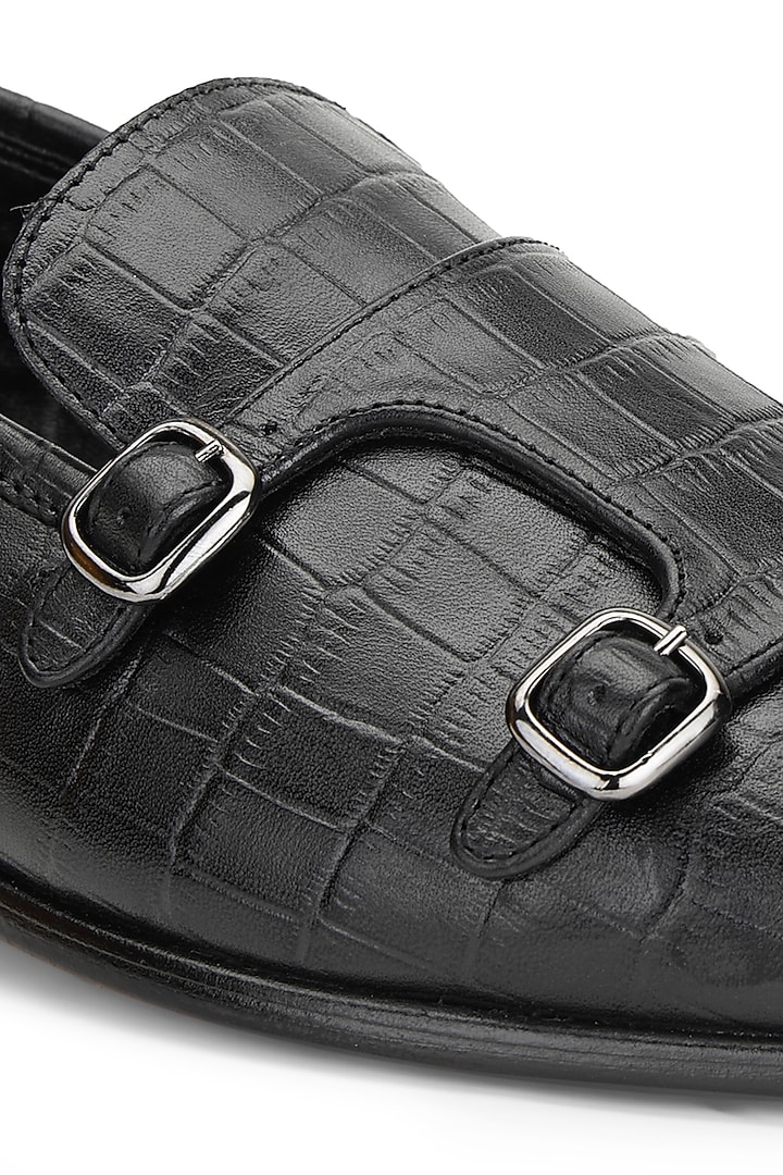 Black Croco Leather Monk Strap Shoes by SHUTIQ at Pernia's Pop Up Shop